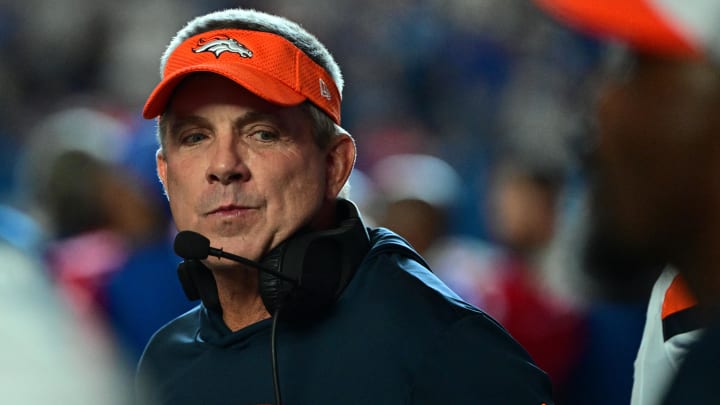 Aug 11, 2024; Indianapolis, Indiana, USA;  Denver Broncos Head Coach Sean Payton stands near the bench before the game against the Indianapolis Colts at Lucas Oil Stadium. 