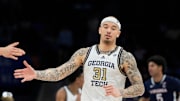 Mar 12, 2025; Charlotte, NC, USA; Georgia Tech Yellow Jackets forward Duncan Powell (31) reacts in the second half at Spectrum Center. Mandatory Credit: Bob Donnan-Imagn Images
