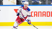 Oct 19, 2024; Toronto, Ontario, CAN; New York Rangers left wing Alexis Lafreniere (13) skates during the warmup before a game against the Toronto Maple Leafs at Scotiabank Arena. Mandatory Credit: Nick Turchiaro-Imagn Images