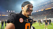 Tennessee quarterback Nico Iamaleava (8) walks off the field after the win over Kentucky after an NCAA college football game on Saturday, Nov. 2, 2024, in Knoxville, Tenn.