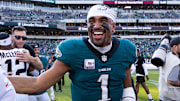 Oct 13, 2024; Philadelphia, Pennsylvania, USA; Philadelphia Eagles quarterback Jalen Hurts (1) smiles after a victory against the Cleveland Browns at Lincoln Financial Field.  