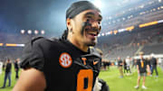 Tennessee quarterback Nico Iamaleava (8) walks off the field after the win over Kentucky after an NCAA college football game on Saturday, Nov. 2, 2024, in Knoxville, Tenn.