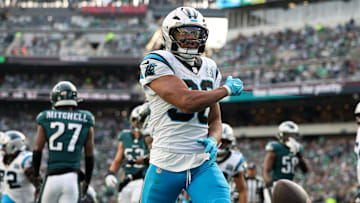 Dec 8, 2024; Philadelphia, Pennsylvania, USA;  Carolina Panthers running back Chuba Hubbard (30) reacts to his touchdown run against the Philadelphia Eagles during the third quarter at Lincoln Financial Field. Mandatory Credit: Bill Streicher-Imagn Images