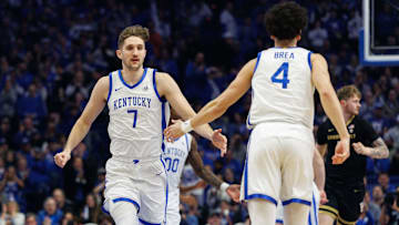 Feb 19, 2025; Lexington, Kentucky, USA; Kentucky Wildcats forward Andrew Carr (7) celebrates with guard Koby Brea (4) after Brea makes a three point basket during the first half against the Vanderbilt Commodores at Rupp Arena at Central Bank Center. Mandatory Credit: Jordan Prather-Imagn Images