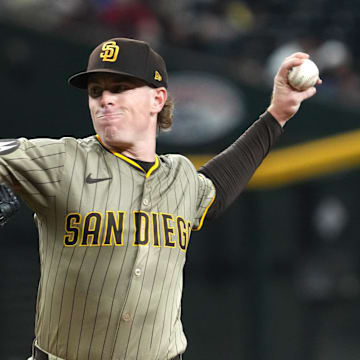 Aug 4, 2025; Phoenix, Arizona, USA; San Diego Padres pitcher JP Sears (38) throws against the Arizona Diamondbacks in the first inning at Chase Field. Mandatory Credit: Rick Scuteri-Imagn Images
