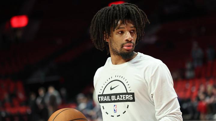 Apr 24, 2026; Portland, Oregon, USA; Portland Trail Blazers guard Shaedon Sharpe (17) walks off the court after participating in warm ups before playing against the San Antonio Spurs in game three of the first round of the 2026 NBA Playoffs at Moda Center. Mandatory Credit: Jaime Valdez-Imagn Images