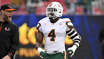Nov 1, 2025; Dallas, Texas, USA;  SMU Miami Hurricanes defensive lineman Rueben Bain Jr. (4) warms up before the game against the SMU Mustangs at Gerald J. Ford Stadium. Mandatory Credit: Jerome Miron-Imagn Images