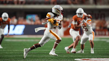 Sep 21, 2024; Austin, Texas, USA;  Louisiana Monroe Warhawks wide receiver Davon Wells (3) runs the ball in the second half against the Texas Longhorns at Darrell K Royal-Texas Memorial Stadium. Mandatory Credit: Daniel Dunn-Imagn Images