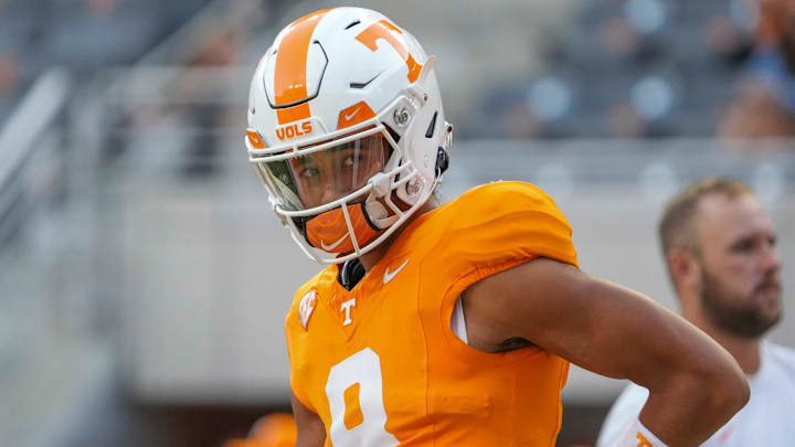 Tennessee quarterback Nico Iamaleava (8) looks to the sidelines during warm-ups before Tennessee's game against Kent State in Neyland Stadium in Knoxville on Saturday, Sept. 14, 2024.