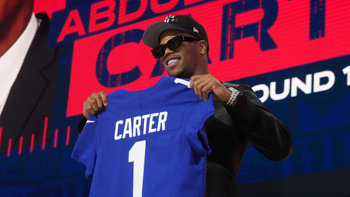 Apr 24, 2025; Green Bay, WI, USA; Penn State Nittany Lions defensive end Abdul Carter is selected by the New York Giants as the number three pick in the first round of the 2025 NFL Draft at Lambeau Field. Mandatory Credit: Kirby Lee-Imagn Images