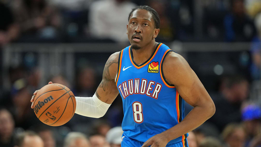 Jan 2, 2026; San Francisco, California, USA; Oklahoma City Thunder guard Jalen Williams (8) during the third quarter against the Golden State Warriors at Chase Center. Mandatory Credit: Darren Yamashita-Imagn Images
