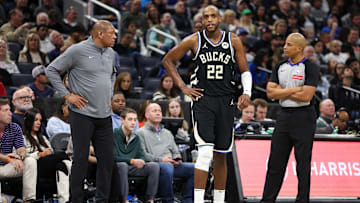 Jan 10, 2025; Orlando, Florida, USA;Milwaukee Bucks forward Khris Middleton (22) looks on against the Orlando Magic in the fourth quarter  at Kia Center. Mandatory Credit: Nathan Ray Seebeck-Imagn Images