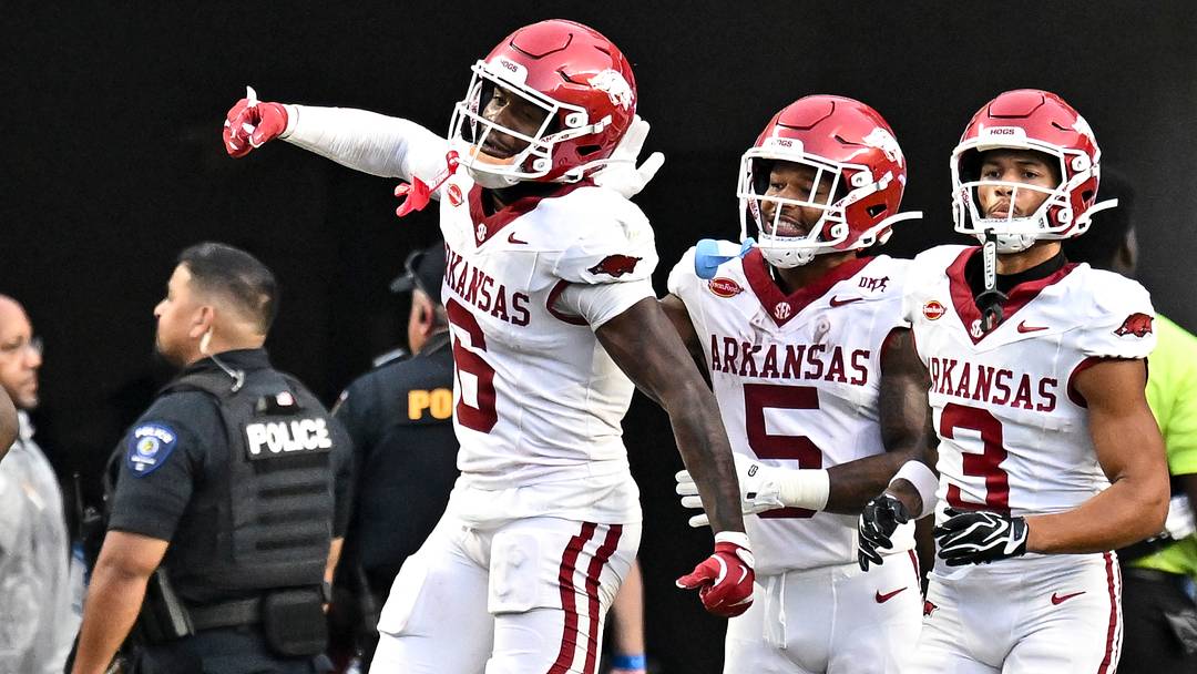 Arkansas Razorbacks wide receiver Chris Marshall (6) celebrates after scoring a touchdown against the Texas A&M Aggies during the first quarter at Kyle Field. Arkansas Razorbacks wide receiver Chris Marshall (6) celebrates after scoring a touchdown against the Texas A&M Aggies during the first quarter at Kyle Field.