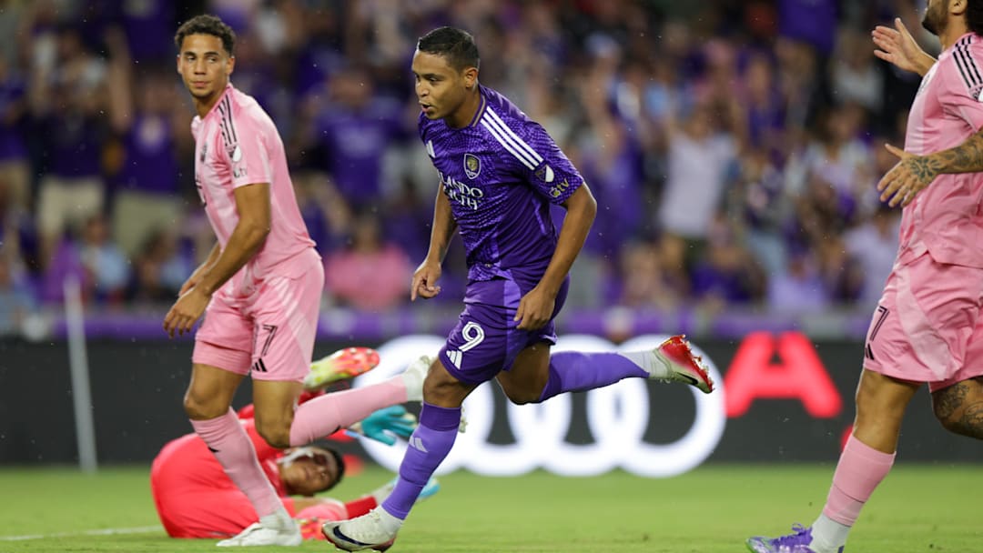 Aug 10, 2025; Orlando, Florida, USA; Orlando City forward Luis Muriel (9) celebrates after scoring a goal against Inter Miami CF in the first half at Inter&Co Stadium. Mandatory Credit: Nathan Ray Seebeck-Imagn Images