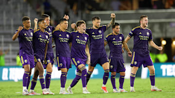 Aug 4, 2024; Orlando, Florida, USA; Orlando City celebrates after beating Atletico de San Luis during the Leagues Cup group stage at INTER&CO Stadium. Mandatory Credit: Nathan Ray Seebeck-USA TODAY Sports