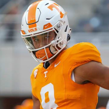 Tennessee quarterback Nico Iamaleava (8) looks to the sidelines during warm-ups before Tennessee's game against Kent State in Neyland Stadium in Knoxville on Saturday, Sept. 14, 2024.