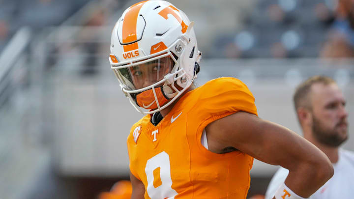 Tennessee quarterback Nico Iamaleava (8) looks to the sidelines during warm-ups before Tennessee's game against Kent State in Neyland Stadium in Knoxville on Saturday, Sept. 14, 2024.