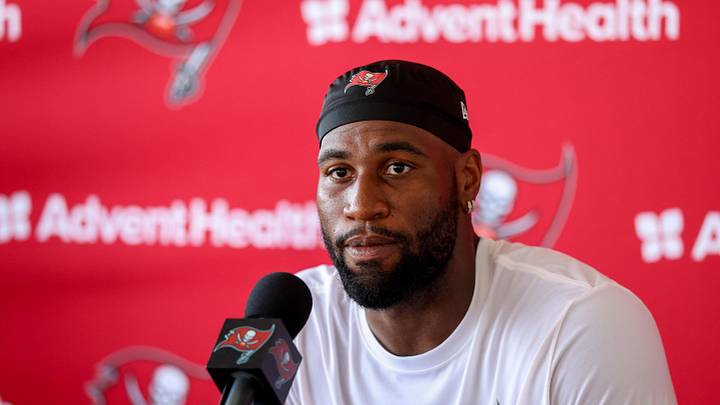 Aug 1, 2025; Tampa, FL, USA; Tampa Bay Buccaneers linebacker Haason Reddick (5) talks to media after training camp at AdventHealth Training Center. Mandatory Credit: Nathan Ray Seebeck-Imagn Images