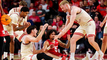Dec 10, 2025; Lincoln, Nebraska, USA; Nebraska Cornhuskers forward Berke Buyuktuncel (9) and forward Rienk Mast (51) celebrate after drawing a foul against the Wisconsin Badgers during the first half at Pinnacle Bank Arena. Mandatory Credit: Dylan Widger-Imagn Images