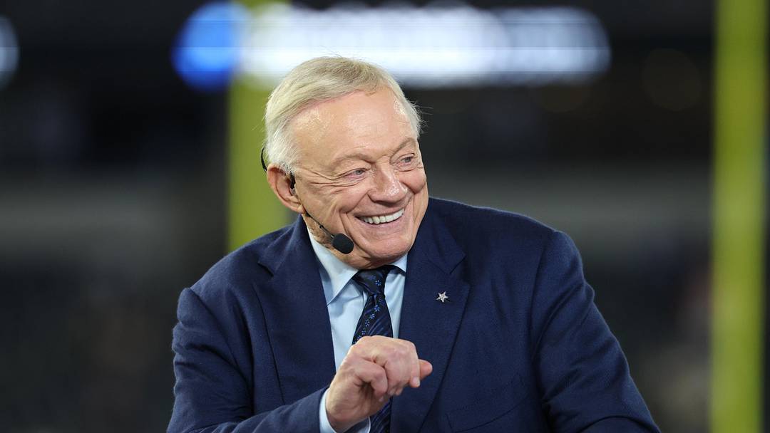 Nov 3, 2025; Arlington, Texas, USA; Dallas Cowboys owner Jerry Jones talks before the game against the Arizona Cardinals at AT&T Stadium. Mandatory Credit: Kevin Jairaj-Imagn Images