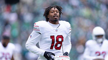 Dec 31, 2023; Philadelphia, Pennsylvania, USA; Arizona Cardinals linebacker BJ Ojulari (18) before action against the Philadelphia Eagles at Lincoln Financial Field. Mandatory Credit: Bill Streicher-Imagn Images