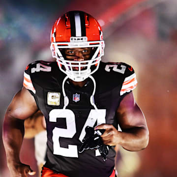 Nov 21, 2024; Cleveland, Ohio, USA; Cleveland Browns running back Nick Chubb (24) is introduced before the game between the Browns and the Pittsburgh Steelers at Huntington Bank Field. Mandatory Credit: Ken Blaze-Imagn Images