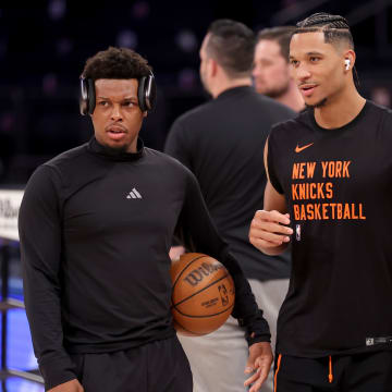 Mar 10, 2024; New York, New York, USA; Philadelphia 76ers guard Kyle Lowry (7) and New York Knicks guard Josh Hart (3) talk during warmups before a game at Madison Square Garden. Mandatory Credit: Brad Penner-USA TODAY Sports