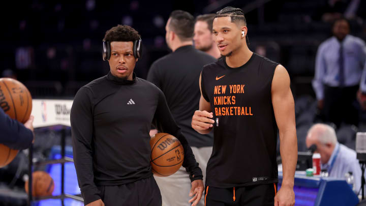 Mar 10, 2024; New York, New York, USA; Philadelphia 76ers guard Kyle Lowry (7) and New York Knicks guard Josh Hart (3) talk during warmups before a game at Madison Square Garden. Mandatory Credit: Brad Penner-USA TODAY Sports