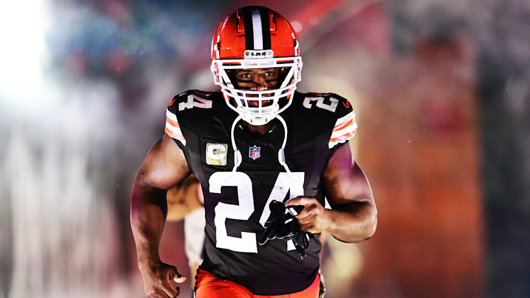 Nov 21, 2024; Cleveland, Ohio, USA; Cleveland Browns running back Nick Chubb (24) is introduced before the game between the Browns and the Pittsburgh Steelers at Huntington Bank Field. Nov 21, 2024; Cleveland, Ohio, USA; Cleveland Browns running back Nick Chubb (24) is introduced before the game between the Browns and the Pittsburgh Steelers at Huntington Bank Field.