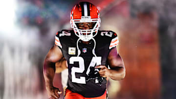Cleveland Browns running back Nick Chubb is introduced before the game between the Browns and the Pittsburgh Steelers at Huntington Bank Field. 