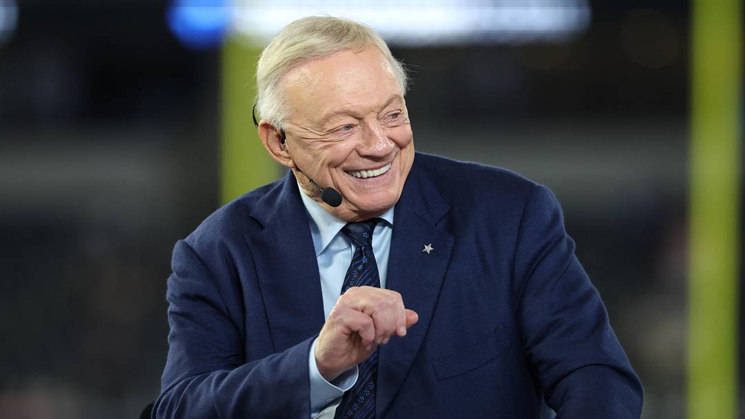 Nov 3, 2025; Arlington, Texas, USA; Dallas Cowboys owner Jerry Jones talks before the game against the Arizona Cardinals at AT&T Stadium. Mandatory Credit: Kevin Jairaj-Imagn Images