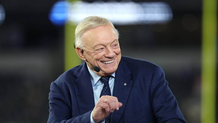 Nov 3, 2025; Arlington, Texas, USA; Dallas Cowboys owner Jerry Jones talks before the game against the Arizona Cardinals at AT&T Stadium. Mandatory Credit: Kevin Jairaj-Imagn Images