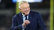 Dallas Cowboys owner Jerry Jones talks before the game against the Arizona Cardinals.