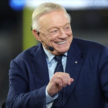 Dallas Cowboys owner Jerry Jones talks before the game against the Arizona Cardinals.