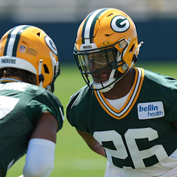 Green Bay Packers cornerback Corey Ballentine (26) iworks against Carrington Valentine at training camp last year.