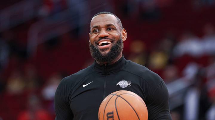 Los Angeles Lakers forward LeBron James (23) smiles before the game against the Houston Rockets at Toyota Center on Jan. 29, 2024.