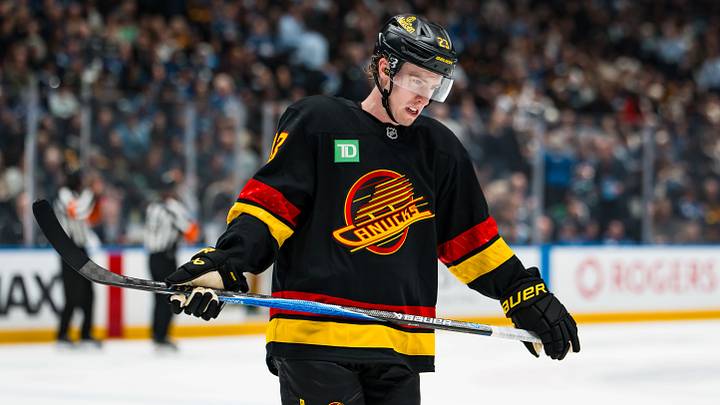 Jan 31, 2026; Vancouver, British Columbia, CAN; Vancouver Canucks forward Jonathan Lekkerimaki (23) during a stop in play against the Toronto Maple Leafs in the second period at Rogers Arena. Mandatory Credit: Bob Frid-Imagn Images