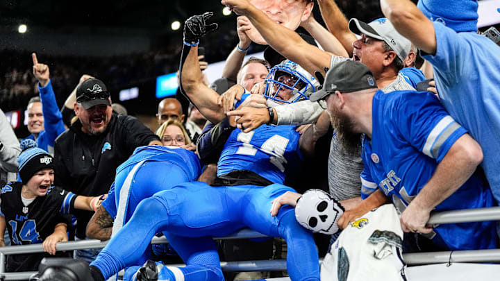 Amon-Ra St. Brown celebrates a touchdown against the Jaguars. Amon-Ra St. Brown celebrates a touchdown against the Jaguars.