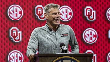 Oct 15, 2025; Birmingham, AL, USA; Oklahoma Sooners head coach Porter Moser talks with the media during SEC Media Days.