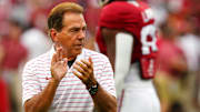 Sep 9, 2023; Tuscaloosa, Alabama, USA; Alabama Crimson Tide head coach Nick Saban cheers on his players before their game against the Texas Longhorns at Bryant-Denny Stadium. Mandatory Credit: John David Mercer-Imagn Images