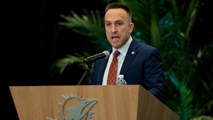 Miami Dolphins head coach Jeff Hafley speaks to reporters during his introductory press conference at Baptist Health Training Complex.