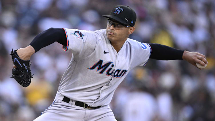 Aug 22, 2023; San Diego, California, USA; Miami Marlins starting pitcher Jesus Luzardo (44) throws a