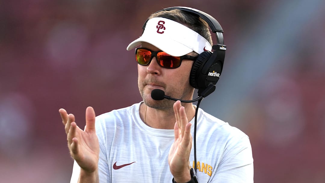 Sep 3, 2022; Los Angeles, California, USA; Southern California Trojans head coach Lincoln Riley reacts in the second half against the Rice Owls at United Airlines Field at Los Angeles Memorial Coliseum. Mandatory Credit: Kirby Lee-Imagn Images