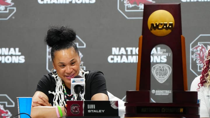 Dawn Staley speaks with the media after South Carolina’s victory over Caitlin Clark and the Iowa Hawkeyes in Sunday’s national championship game.