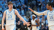 Dec 7, 2025; Chapel Hill, North Carolina, USA; North Carolina Tar Heels center Henri Veesaar (13) reacts with forward Jarin Stevenson (15) after the game at Dean E. Smith Center. Mandatory Credit: Bob Donnan-Imagn Images