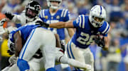 Indianapolis Colts running back Jonathan Taylor (28) rushes the ball Sunday, Nov. 30, 2025, during a game against the Houston Texans at Lucas Oil Stadium in Indianapolis.