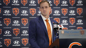 Chicago Bears head coach Ben Johnson answers questions during an introductory press conference at PNC Center.