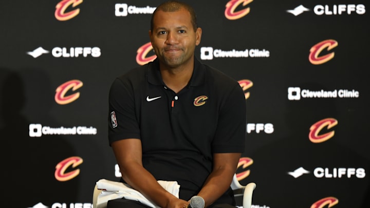 Sep 14, 2022; Cleveland, OH, USA; Cleveland Cavaliers president of basketball operations Koby Altman during an introductory press conference at Rocket Mortgage FieldHouse. Mandatory Credit: David Richard-Imagn Images Sep 14, 2022; Cleveland, OH, USA; Cleveland Cavaliers president of basketball operations Koby Altman during an introductory press conference at Rocket Mortgage FieldHouse. Mandatory Credit: David Richard-Imagn Images