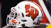 Dec 27, 2022; Phoenix, Arizona, USA; Detailed view of a Wisconsin Badgers helmet during the 2022 Guaranteed Rate Bowl at Chase Field. 