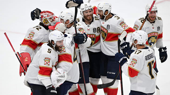 Florida Panthers celebrate after winning Game 2 of the Stanley Cup Final 